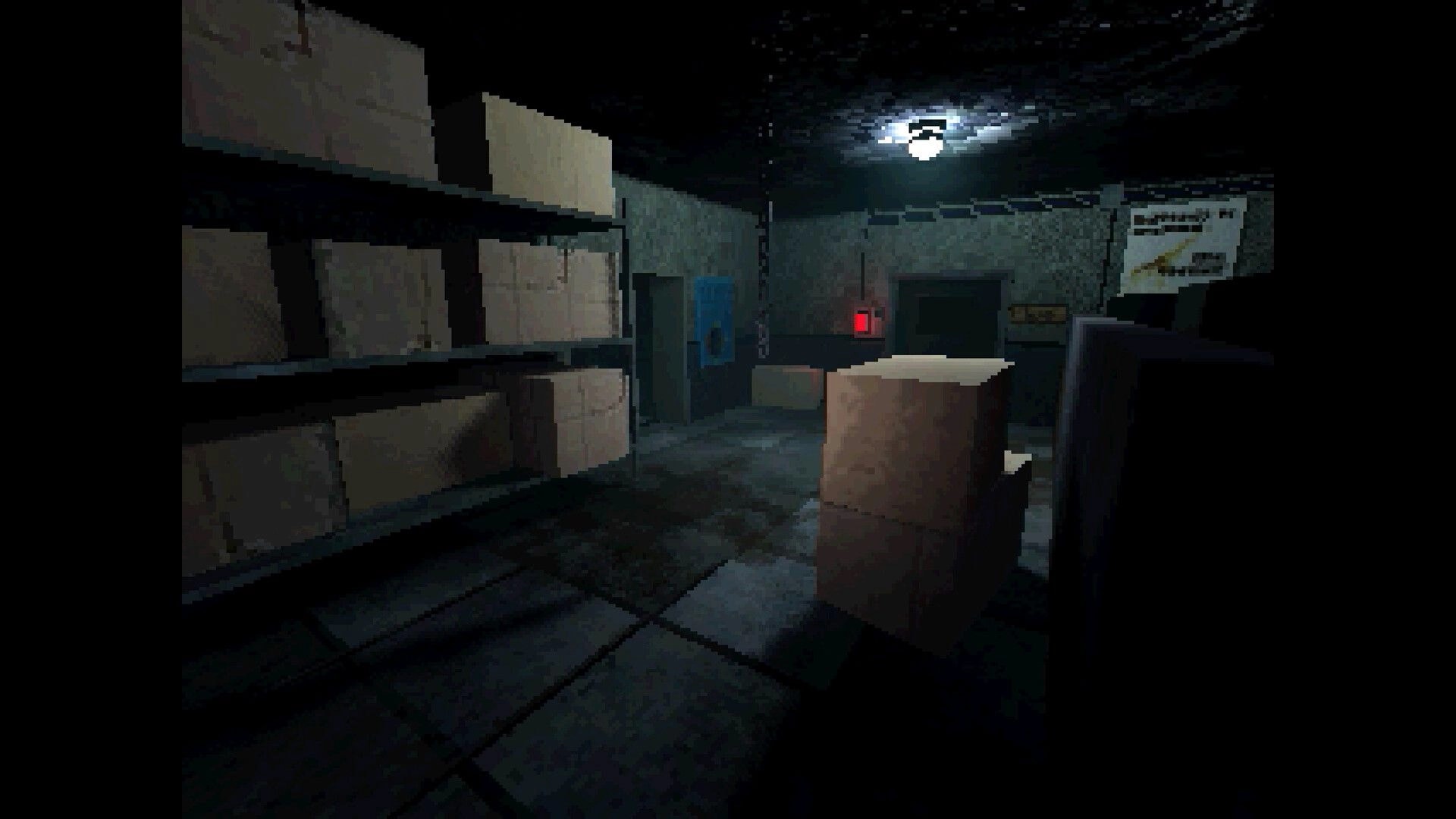 Arctic Grave: First-person view of dim storage room with stacked boxes, blue door, red panel light.