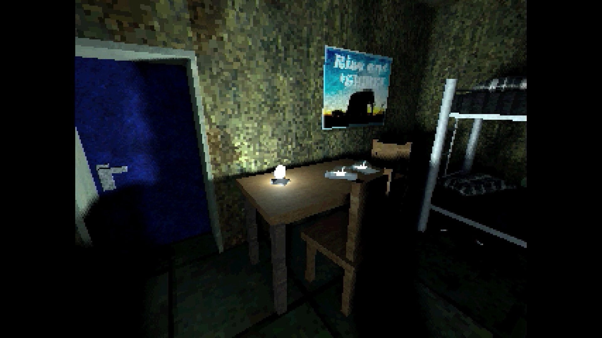 Arctic Grave: First-person view of dim bunk room with desk, candle, blue door, and poster on wall.