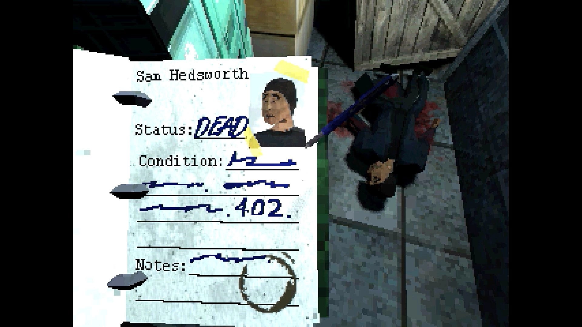 Arctic Grave: Crew file UI marks Sam Hedsworth dead beside a bloodied body in a metal corridor.