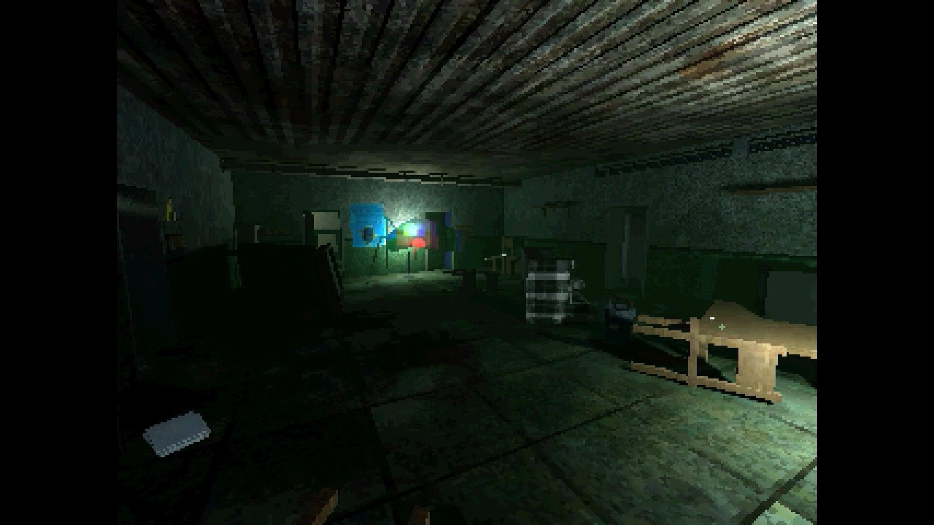 Arctic Grave: First-person view aiming at a dim room with a bed and flickering colored lights ahead.
