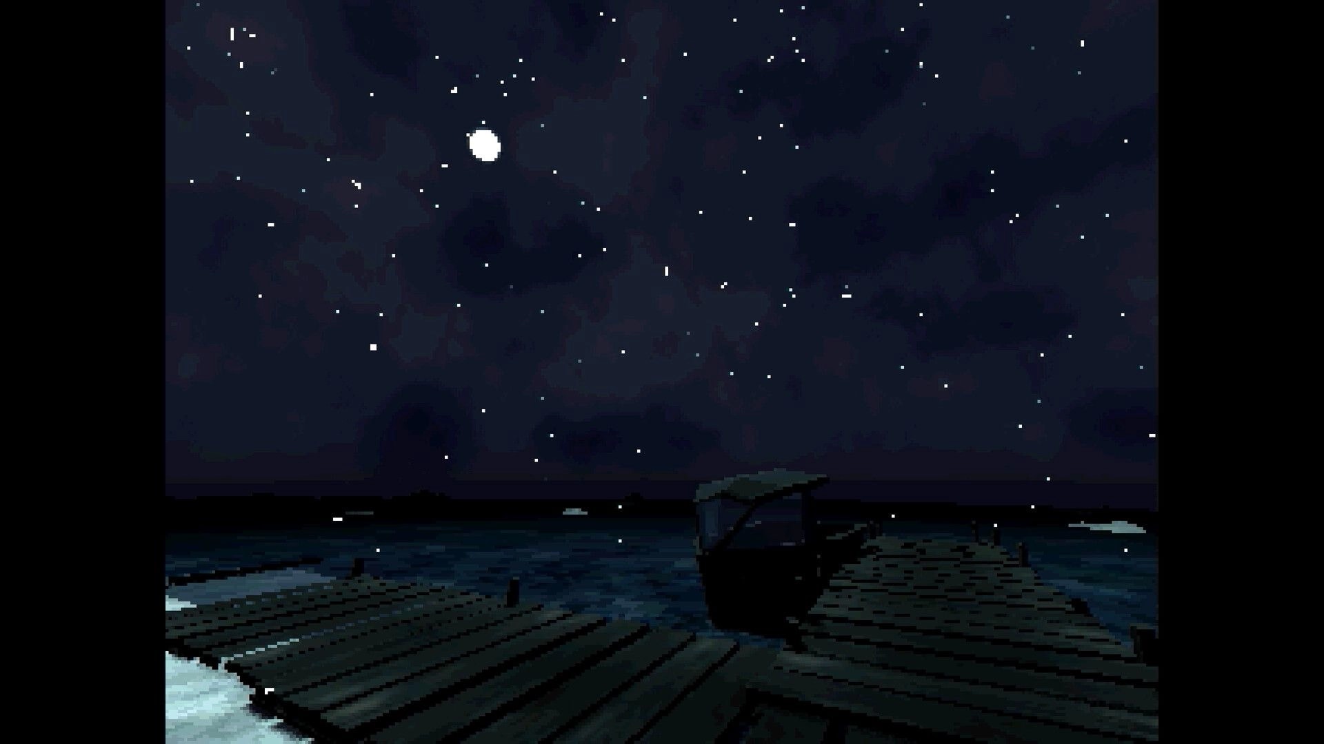 Arctic Grave: Snow falls over a moonlit sea beside a wooden dock and small shelter at night.