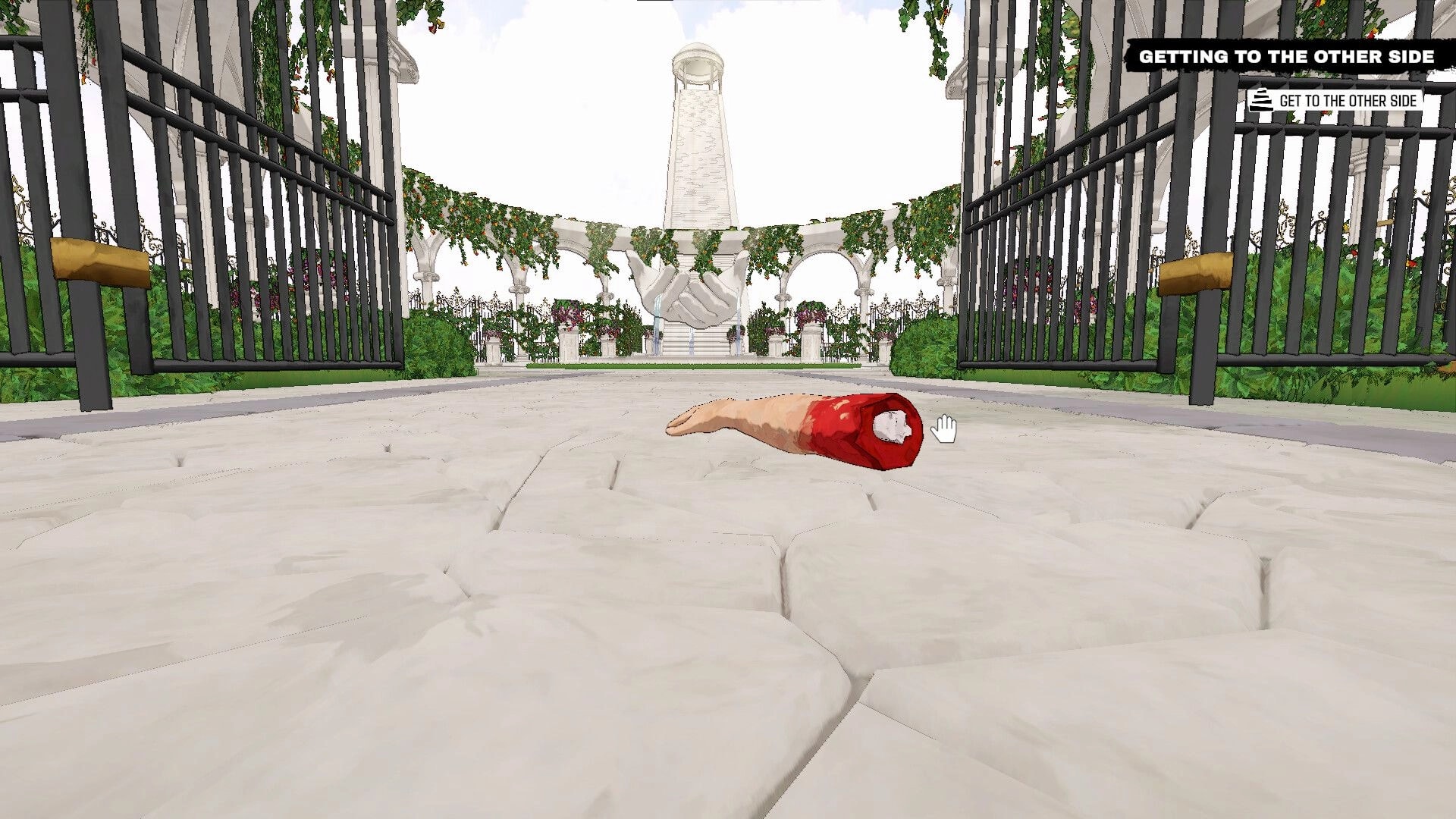 Arm Around!: Disembodied arm on stone path near gated garden with mission prompt in upper right corner