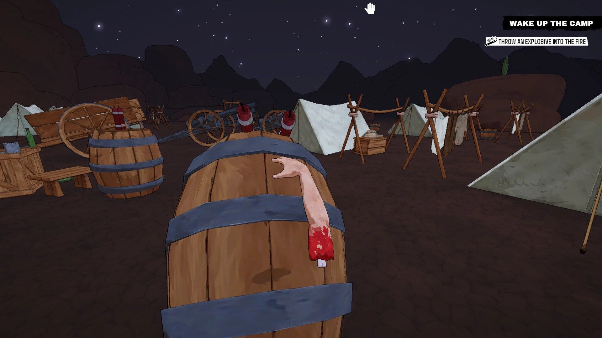 Arm Around!: Disembodied arm grabbing a barrel in a nighttime campsite with tents and wagons around.
