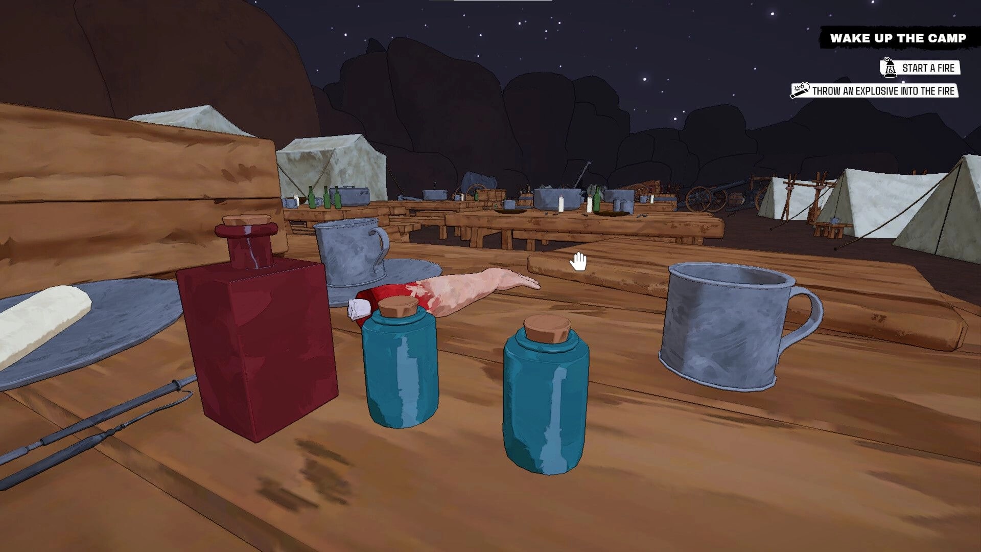 Arm Around!: Disembodied arm on wooden table with bottles and mug in a nighttime campsite setting