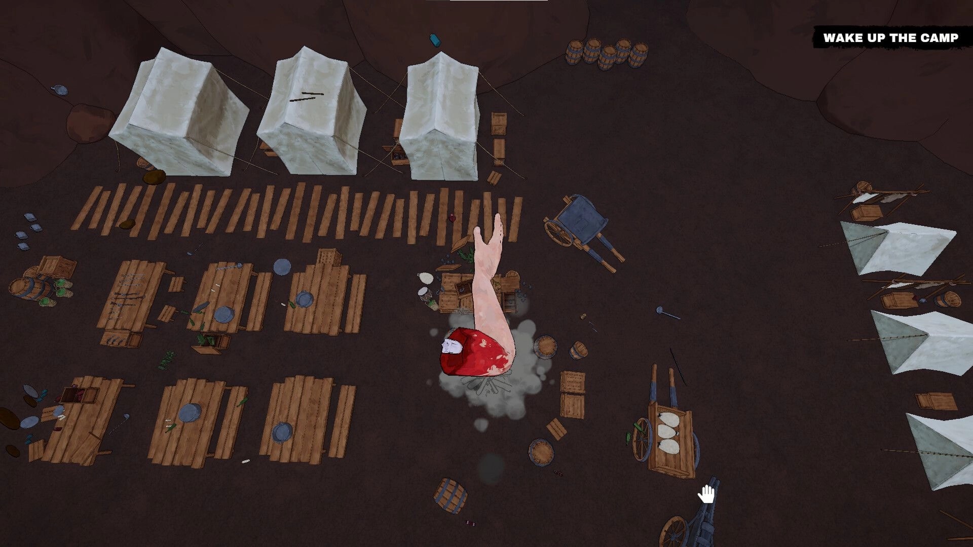 Arm Around!: Disembodied arm knocks over items in a camp with tables and tents, UI says "Wake Up The Camp"