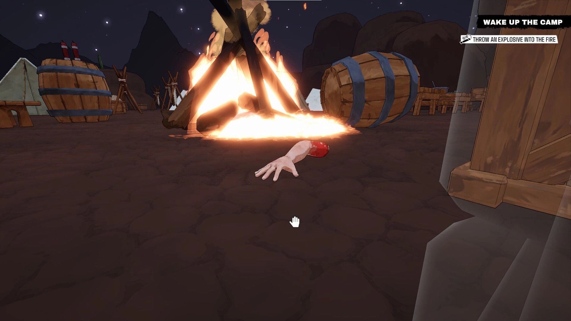 Arm Around!: Disembodied arm crawls toward a large campfire in a nighttime camp setting with barrels nearby.