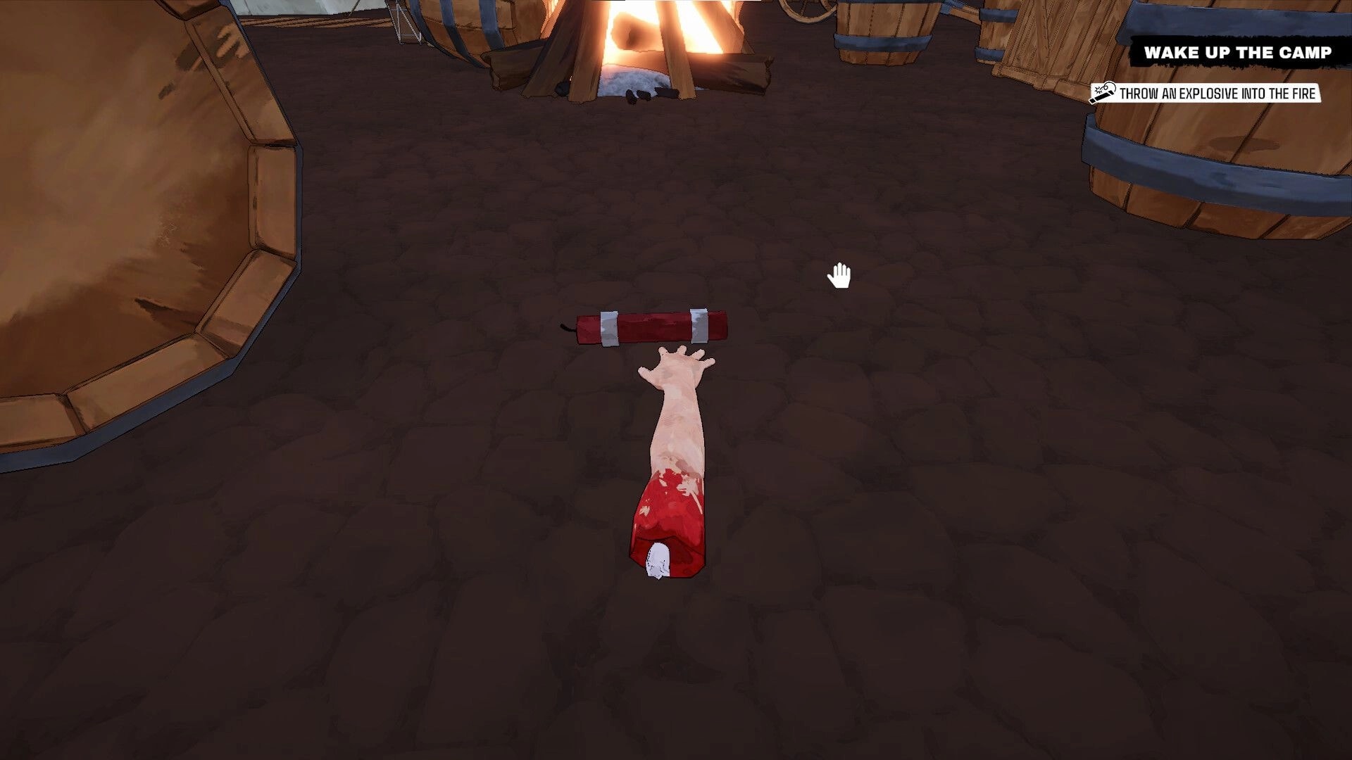 Arm Around!: Disembodied arm holds explosive near campfire surrounded by barrels in a rustic campsite setting.