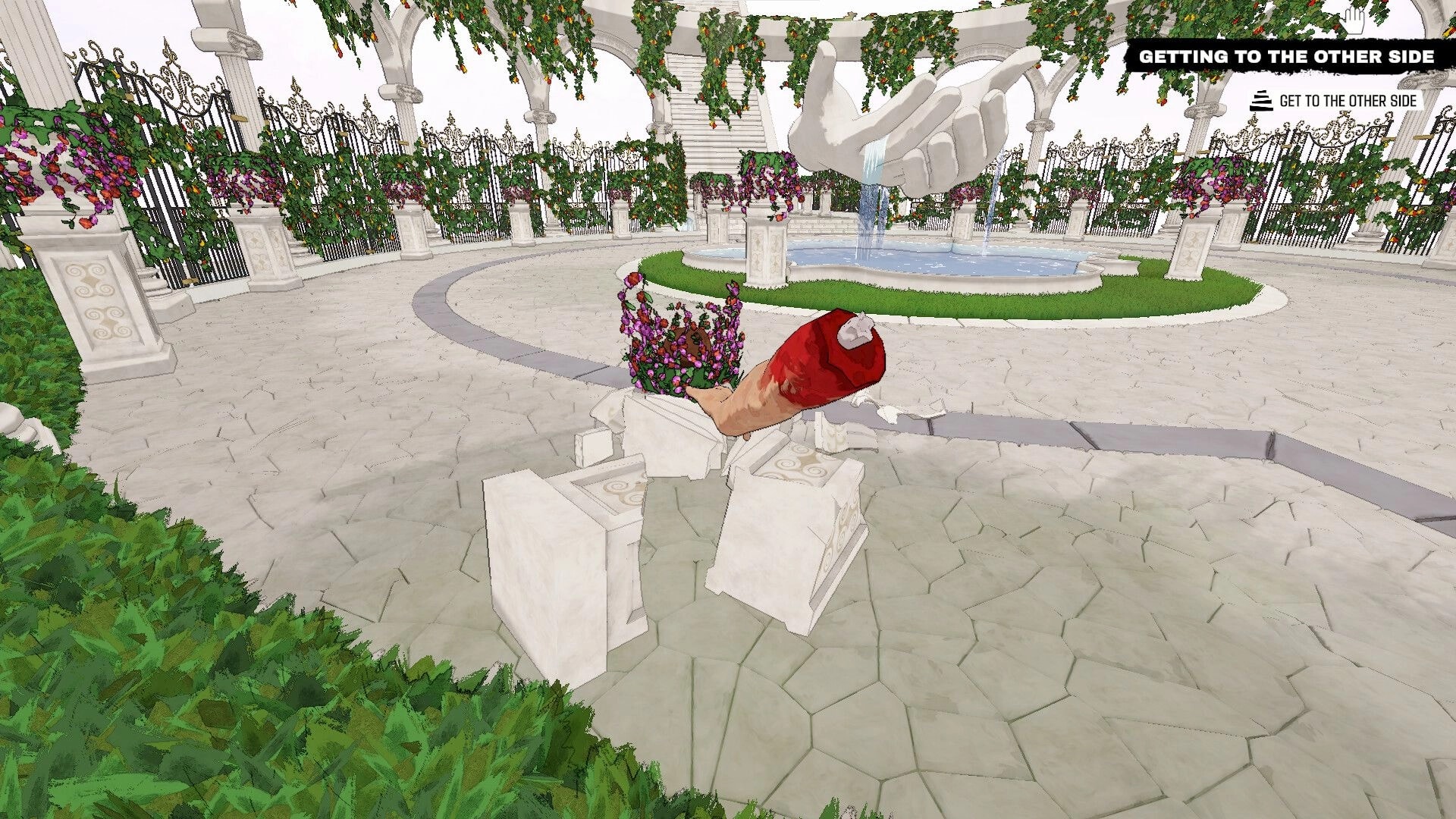 Arm Around!: Disembodied arm navigates a garden with columns, aiming for a giant hand statue in the distance.