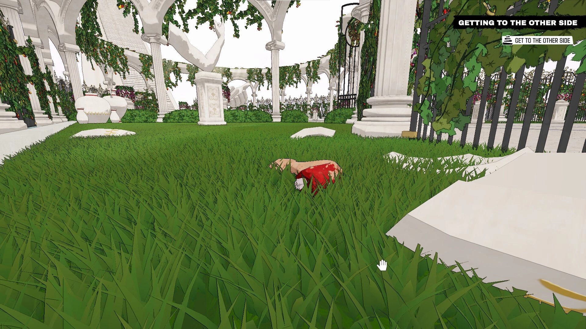 Arm Around!: Disembodied arm crawling through lush garden with arches, pursuing mission to other side