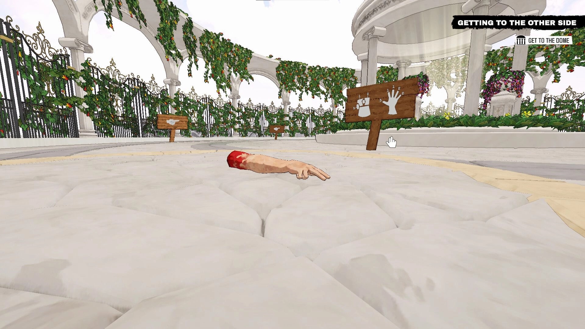 Arm Around!: Disembodied arm navigates garden path with signs pointing to a dome in a lush, ornate setting.