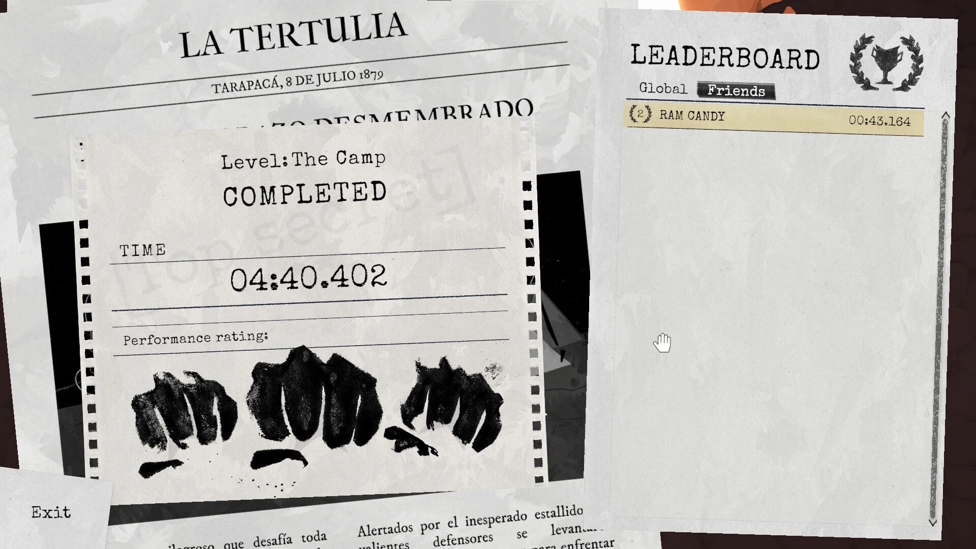 Arm Around!: Level completion screen with time, performance rating, and leaderboard showing friend scores