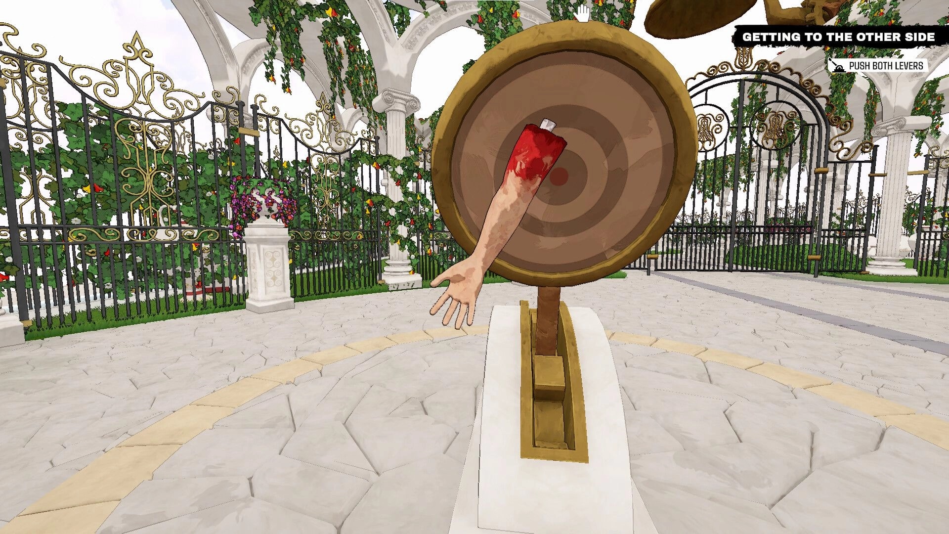Arm Around!: Disembodied arm extends from target in ornate garden with archways and climbing plants
