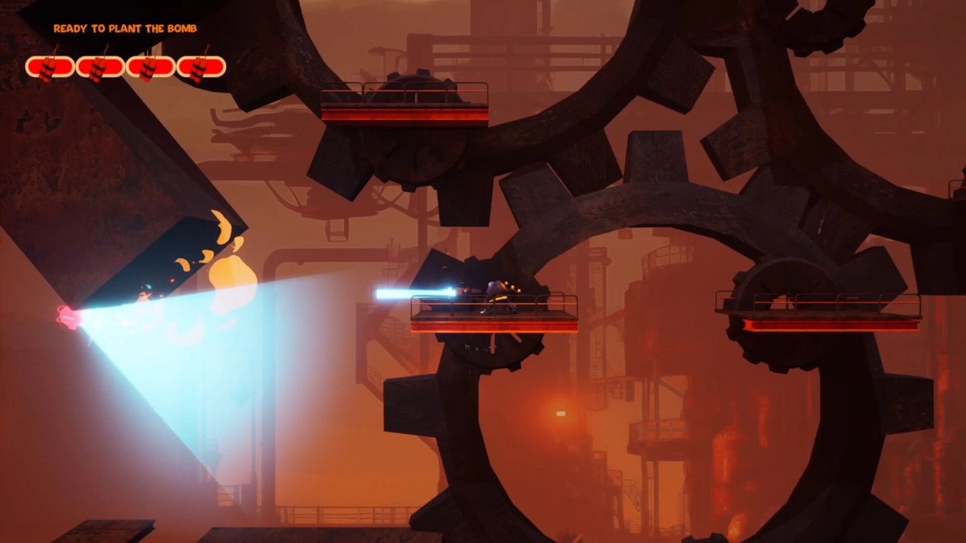 BALLBOY: Ballboy jumps through giant gears in an industrial setting with health bar and mission indicator.