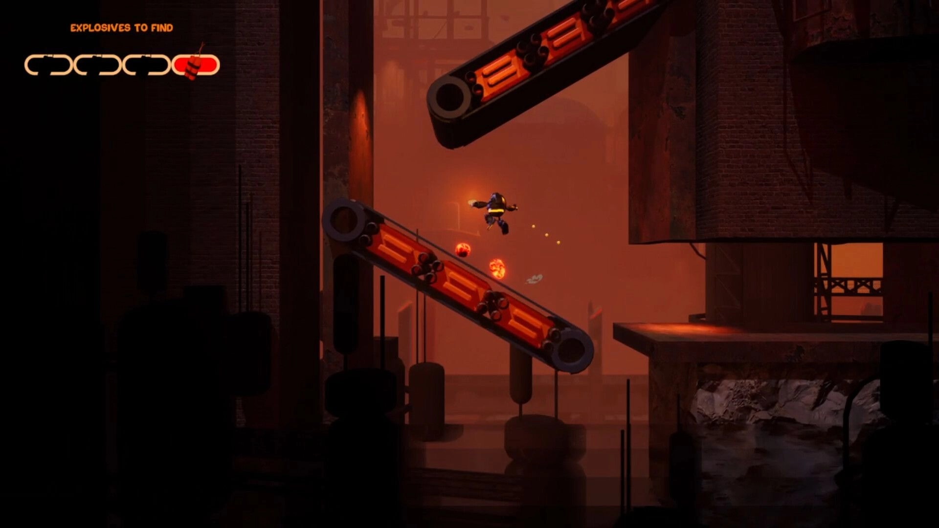 BALLBOY: Ballboy leaps between fiery conveyors collecting explosives in a dim, industrial setting.