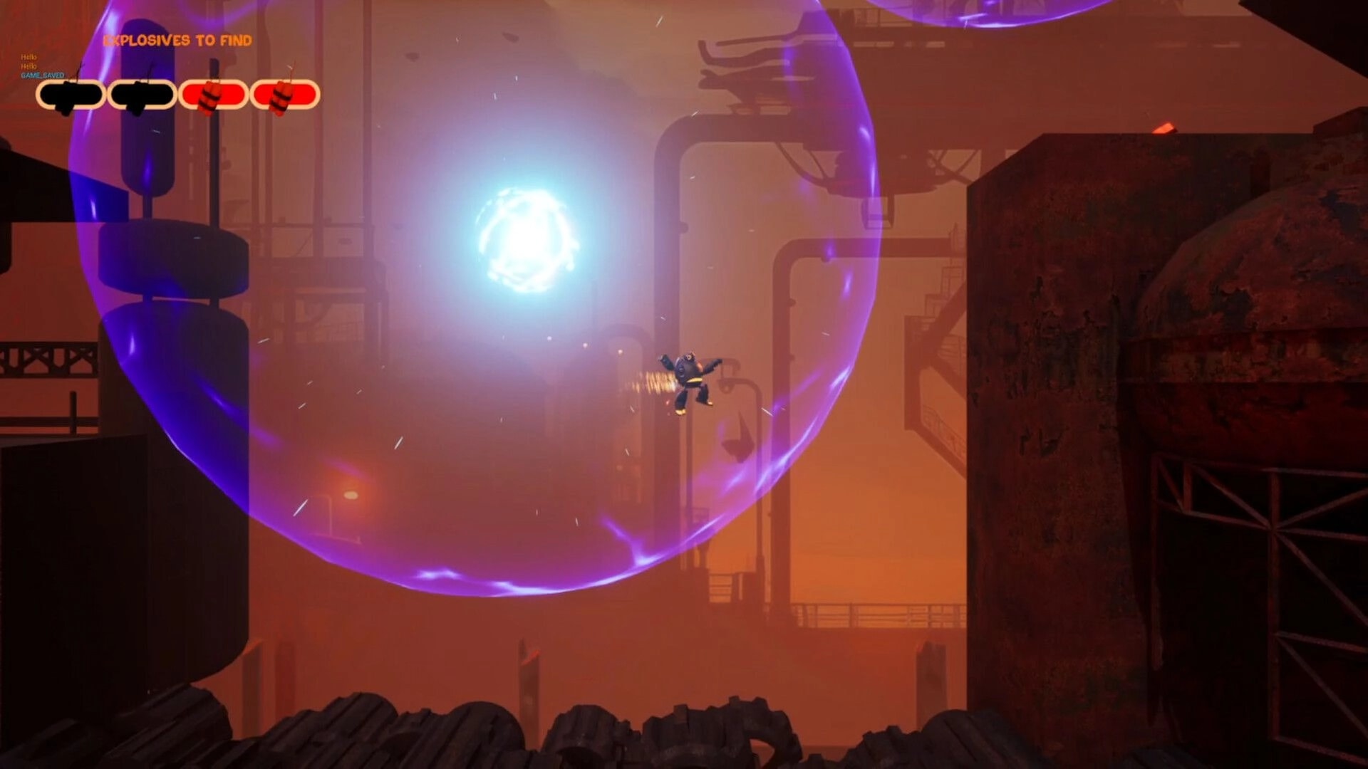 BALLBOY: Ballboy leaps through glowing energy field in industrial post-apocalyptic setting, HUD visible.