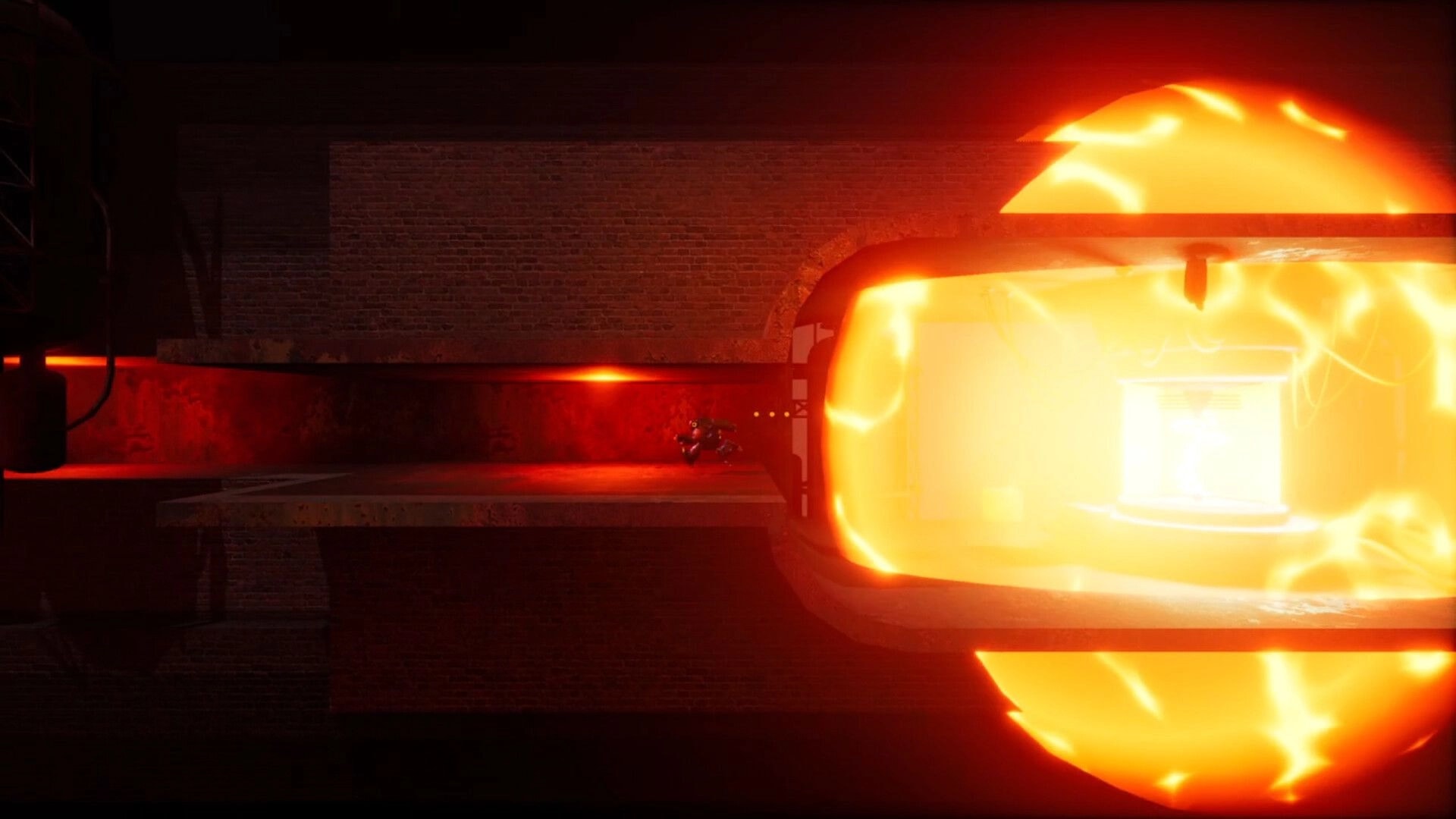 BALLBOY: Ballboy dodging a massive glowing trap in a dark, industrial corridor with red lighting