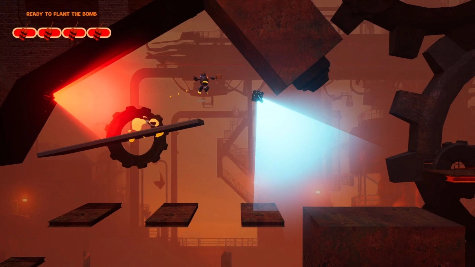 BALLBOY: Ballboy leaps over platforms in a dimly lit industrial zone with a beam of blue light.