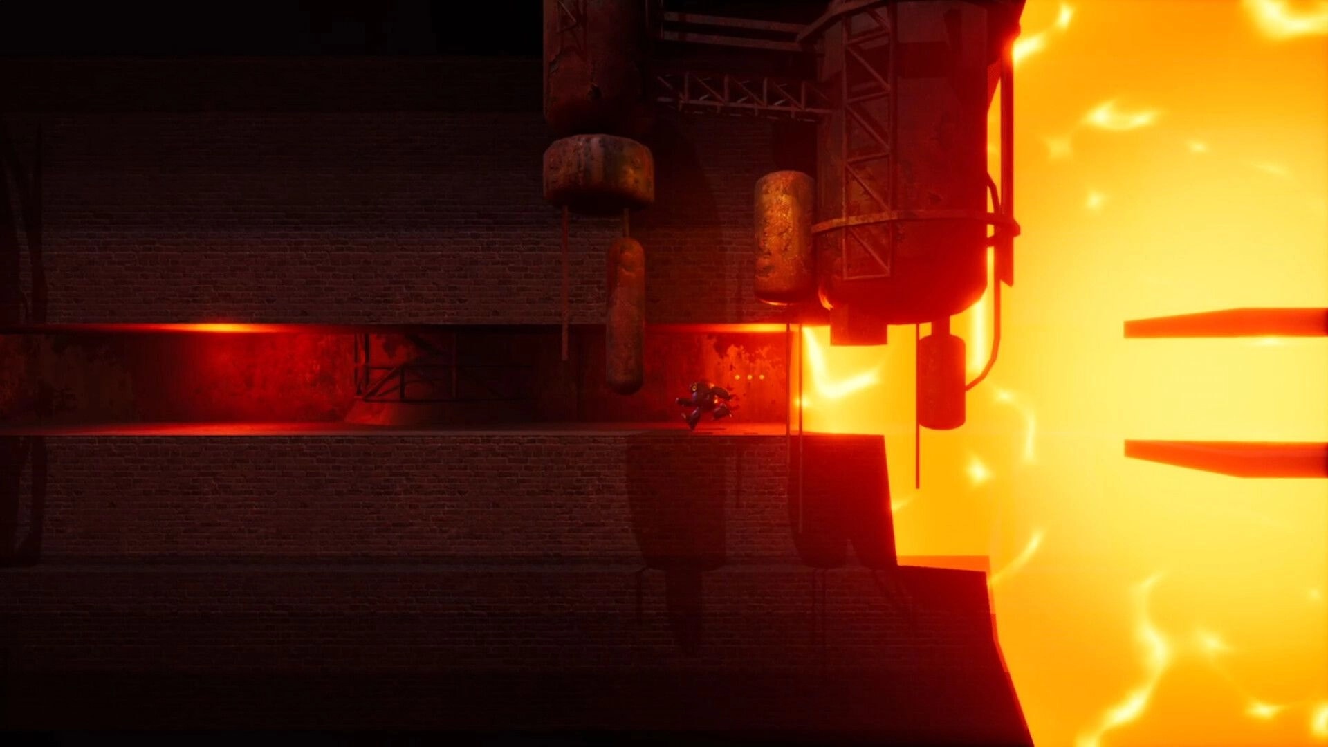 BALLBOY: Ballboy dodges giant swinging hammers in a dimly lit industrial corridor with glowing lava.