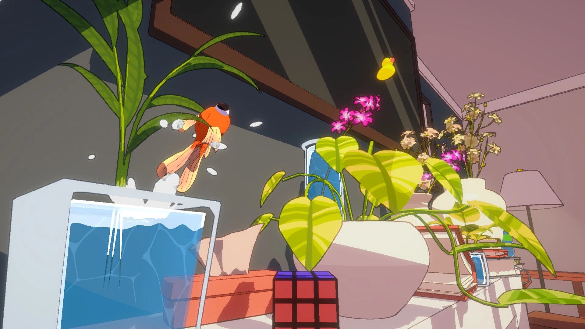 Barely Breathing: Flying orange fish leaps above a water tank in a living room full of potted plants.