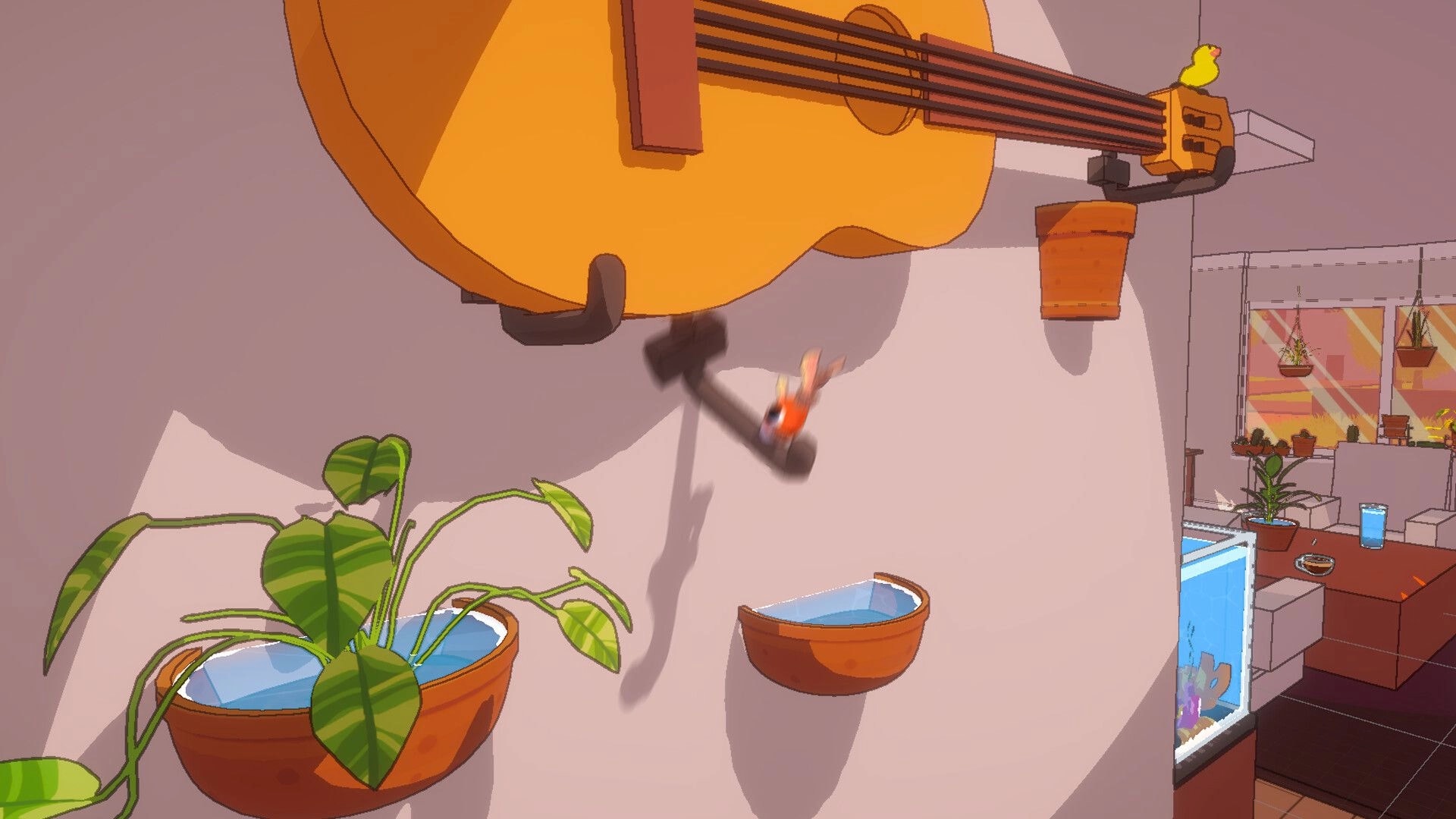 Barely Breathing: Bunny character swings past wall planters beneath a giant guitar in a cozy apartment room.