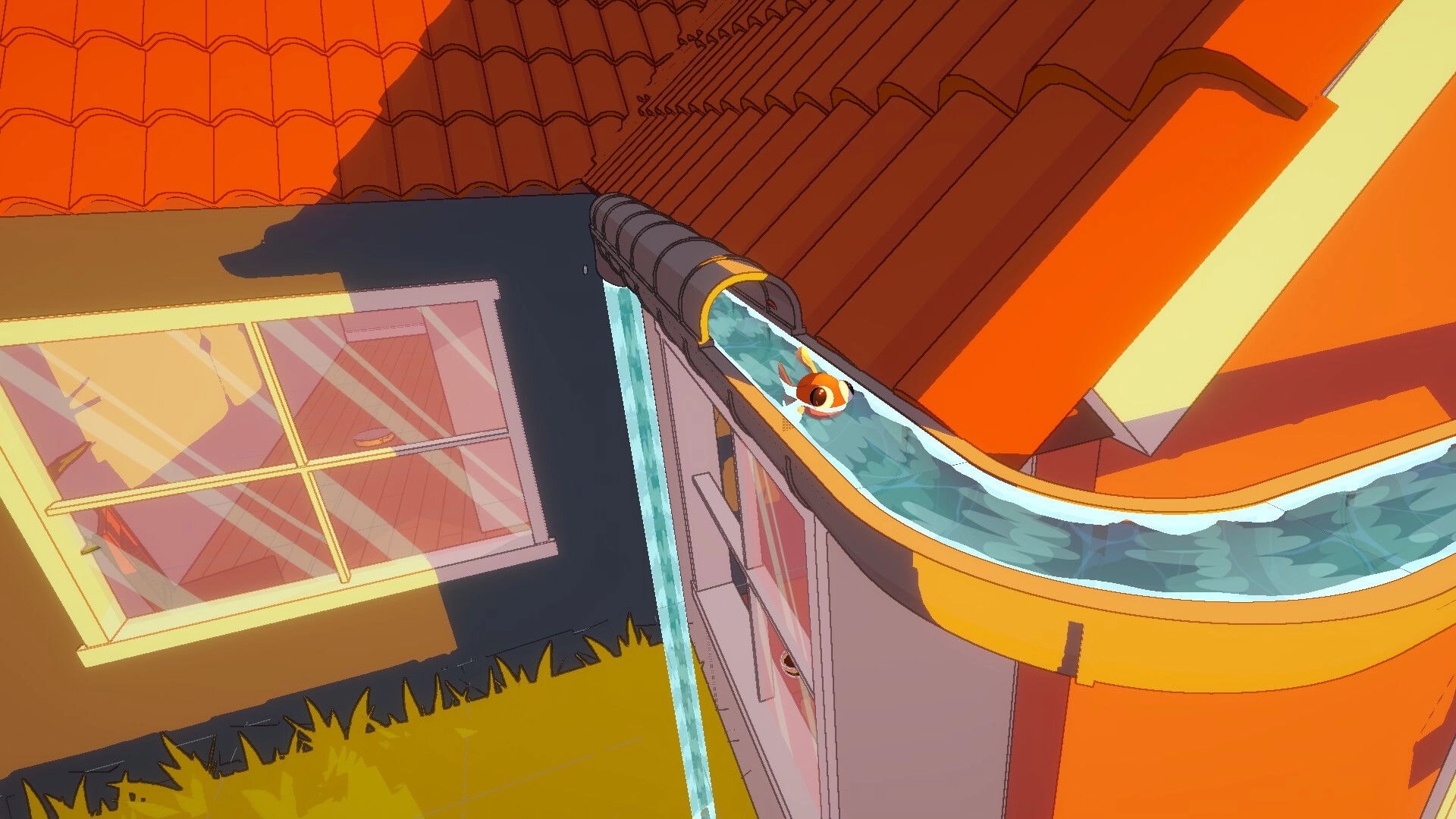 Barely Breathing: Fish rides rushing water in a roof gutter beside a window and orange shingles.