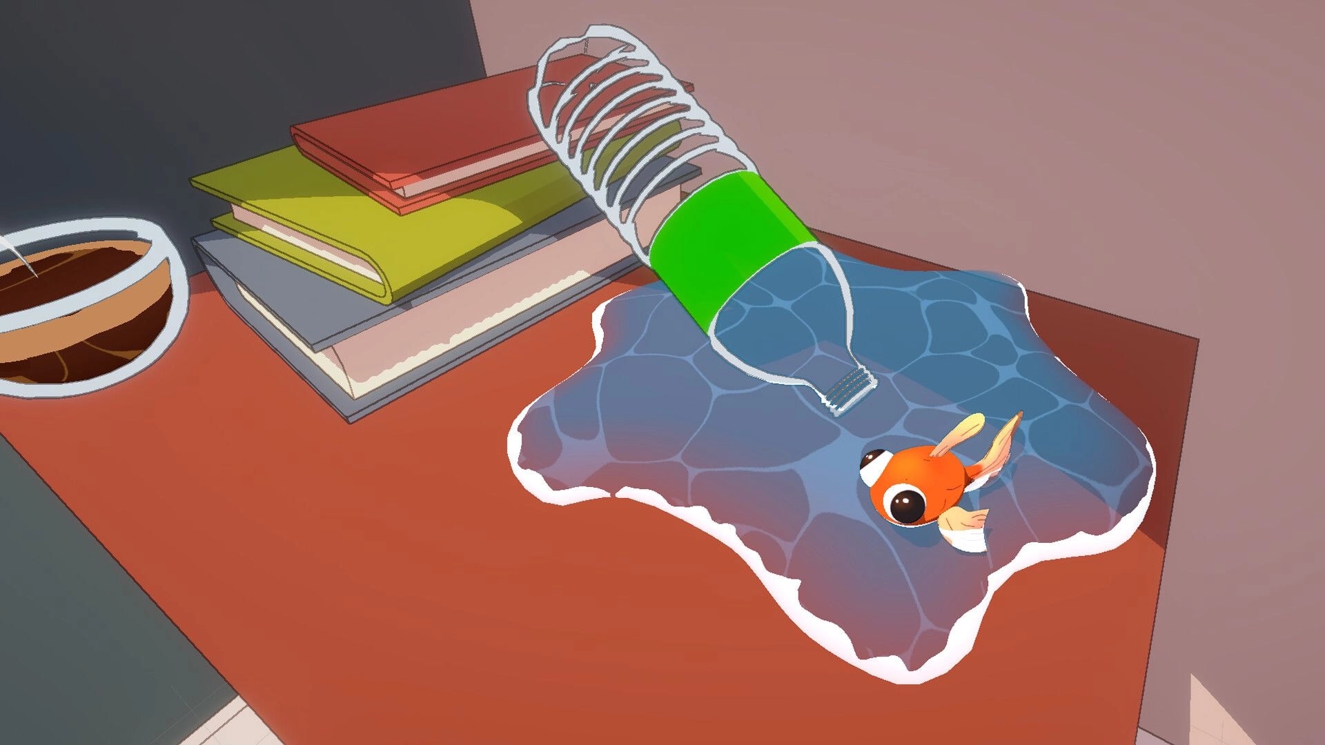 Barely Breathing: Fish flops in spilled water from a bottle on a desk beside stacked books and coffee cup.