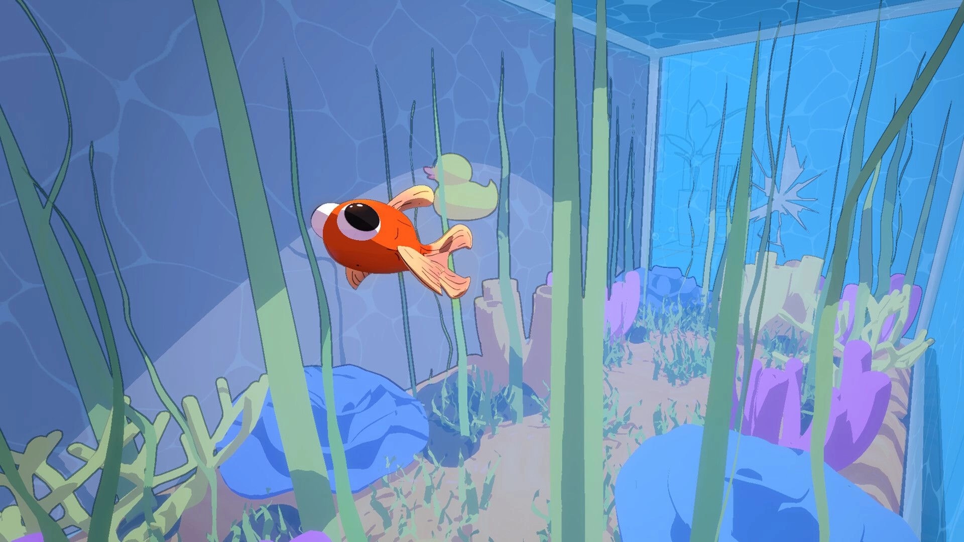 Barely Breathing: Orange fish swims through tall seaweed in a glass tank with rocks and coral below.