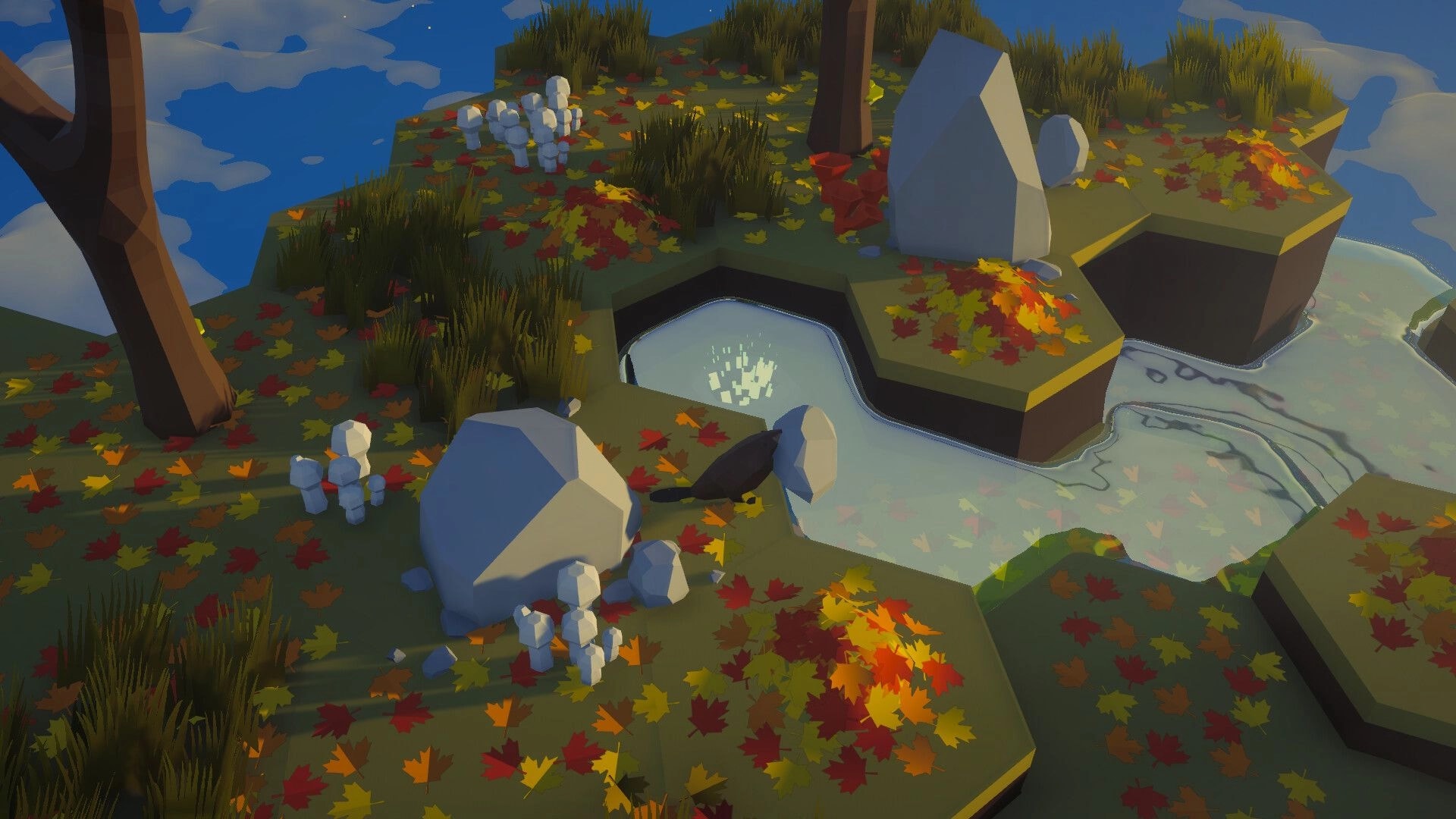 Beaver Creek: Beaver stands by a small pond among boulders and mushrooms on an autumn forest island.