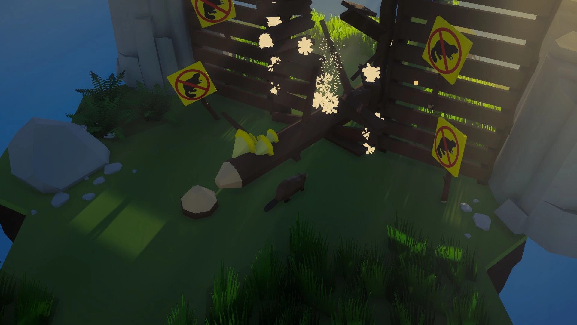 Beaver Creek: Beaver gnaws a fallen tree by a slatted fence with warning signs in a grassy ravine.