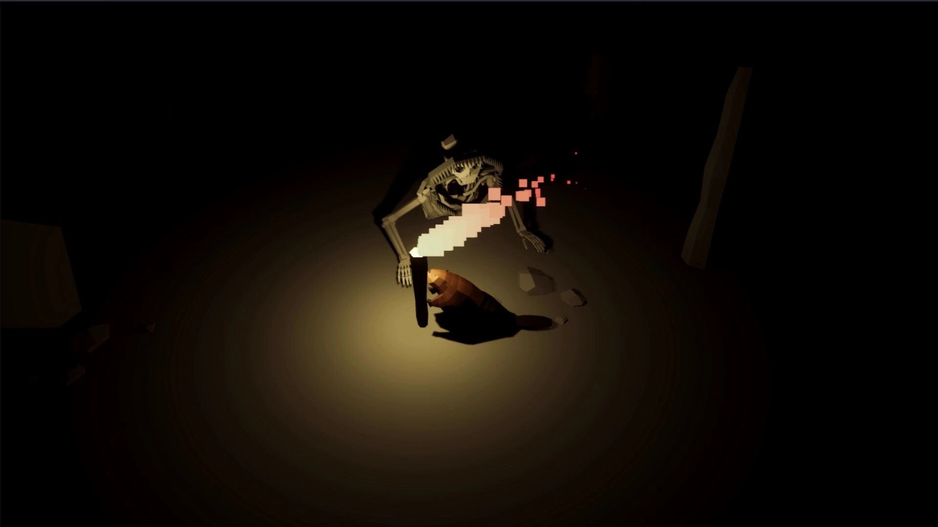 Beaver Creek: Beaver lit by flashlight near a skeletal creature with pixel sparks in dark cave tunnel.