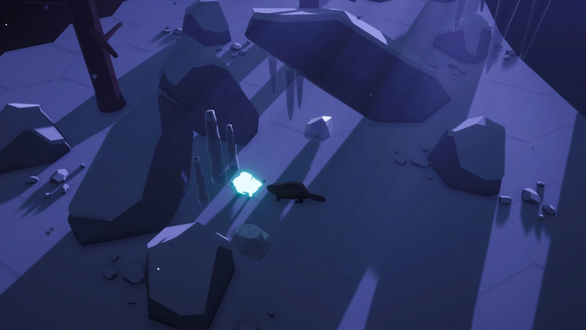 Beaver Creek: Beaver stands by a glowing blue crystal in a rocky cavern with stalagmites and boulders.