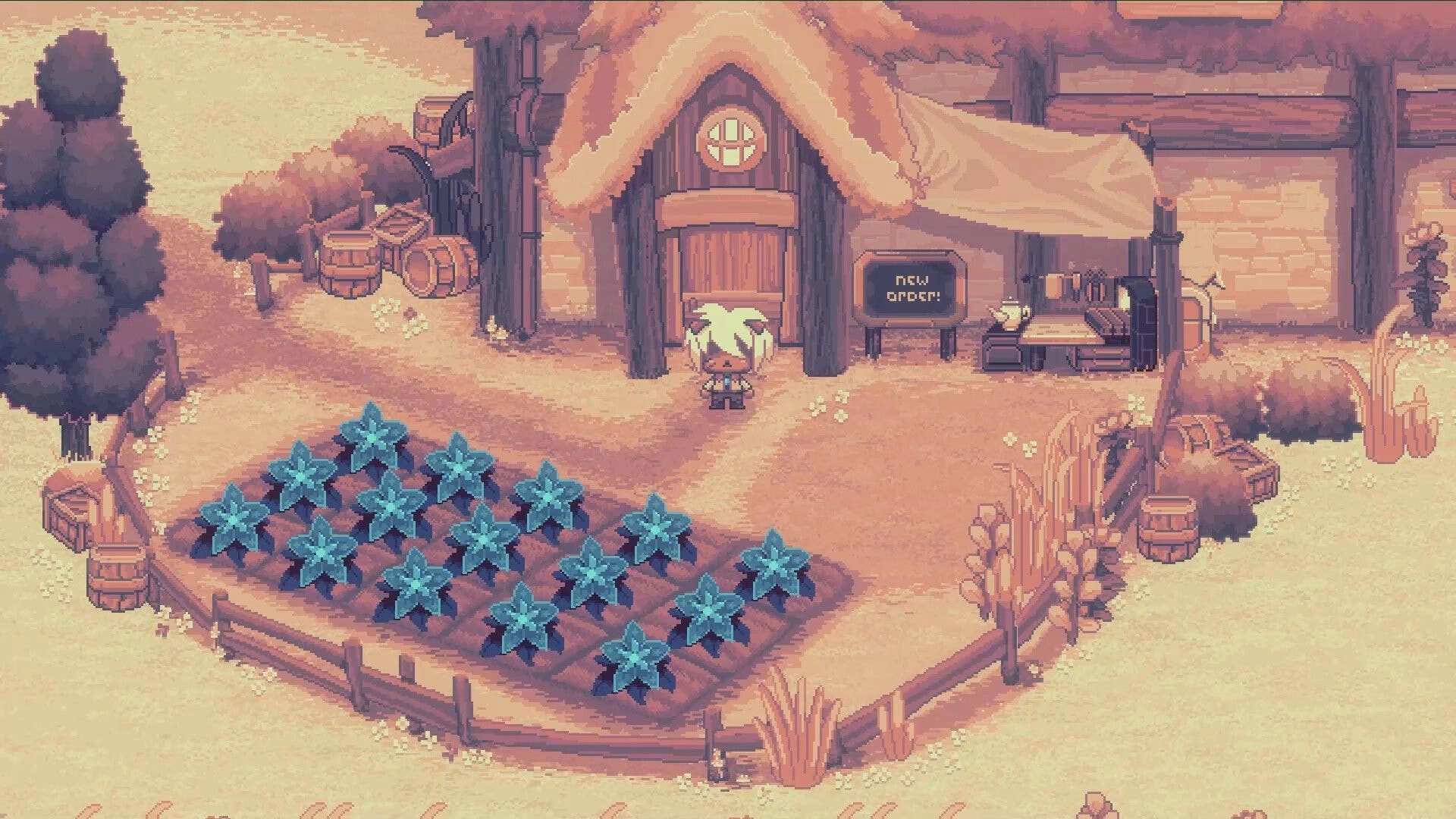 Beloved Bound: Boy stands outside cozy house with blue flower garden and "new order" sign in village