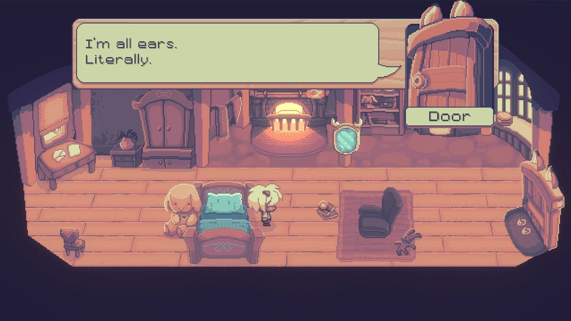 Beloved Bound: Boy in cozy room with talking plush, fireplace, and interactive door option