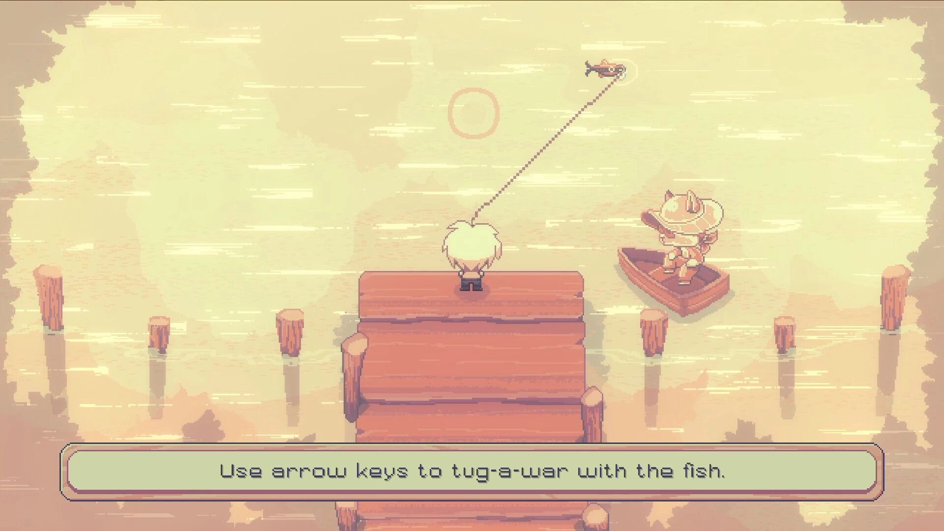 Beloved Bound: Boy fishing on dock with instructions visible, cartoon character in boat on calm water