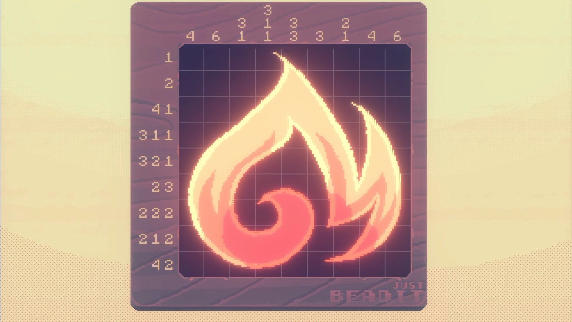 Beloved Bound: Puzzle grid with a fiery flame symbol, numbers along edges indicating cell clues
