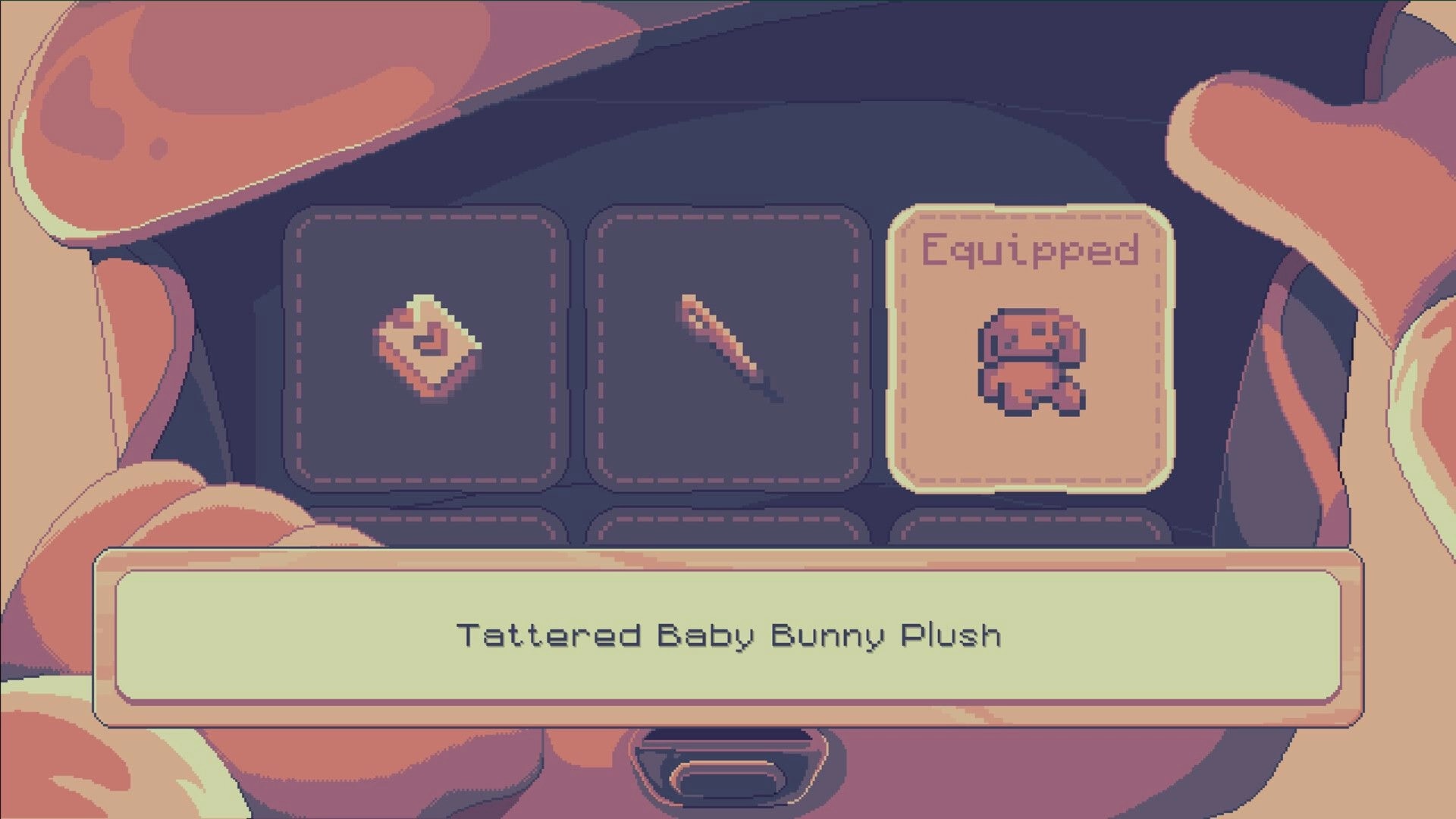 Beloved Bound: Inventory menu with Tattered Baby Bunny Plush equipped in virtual sanctuary game setting.
