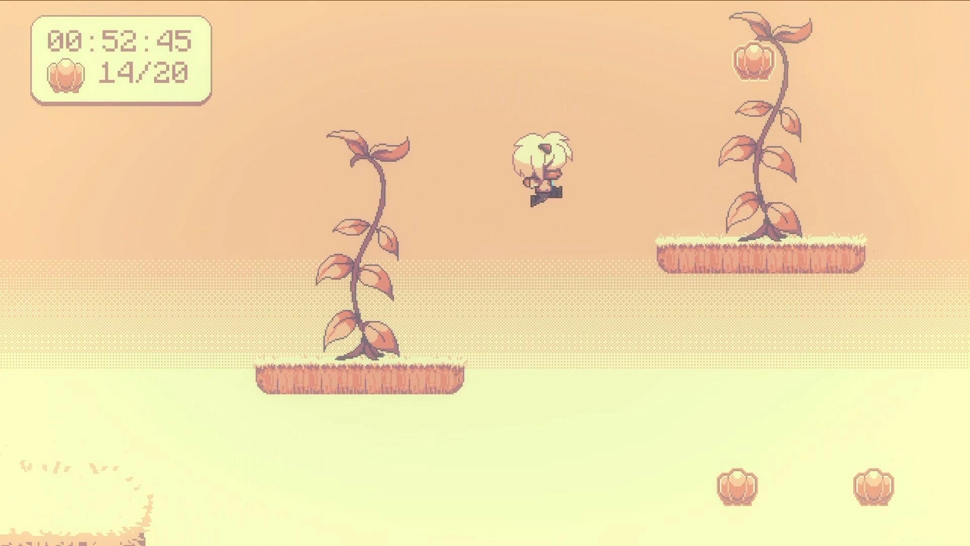 Beloved Bound: Boy jumping between platforms with timer and collectibles count in a pastel environment