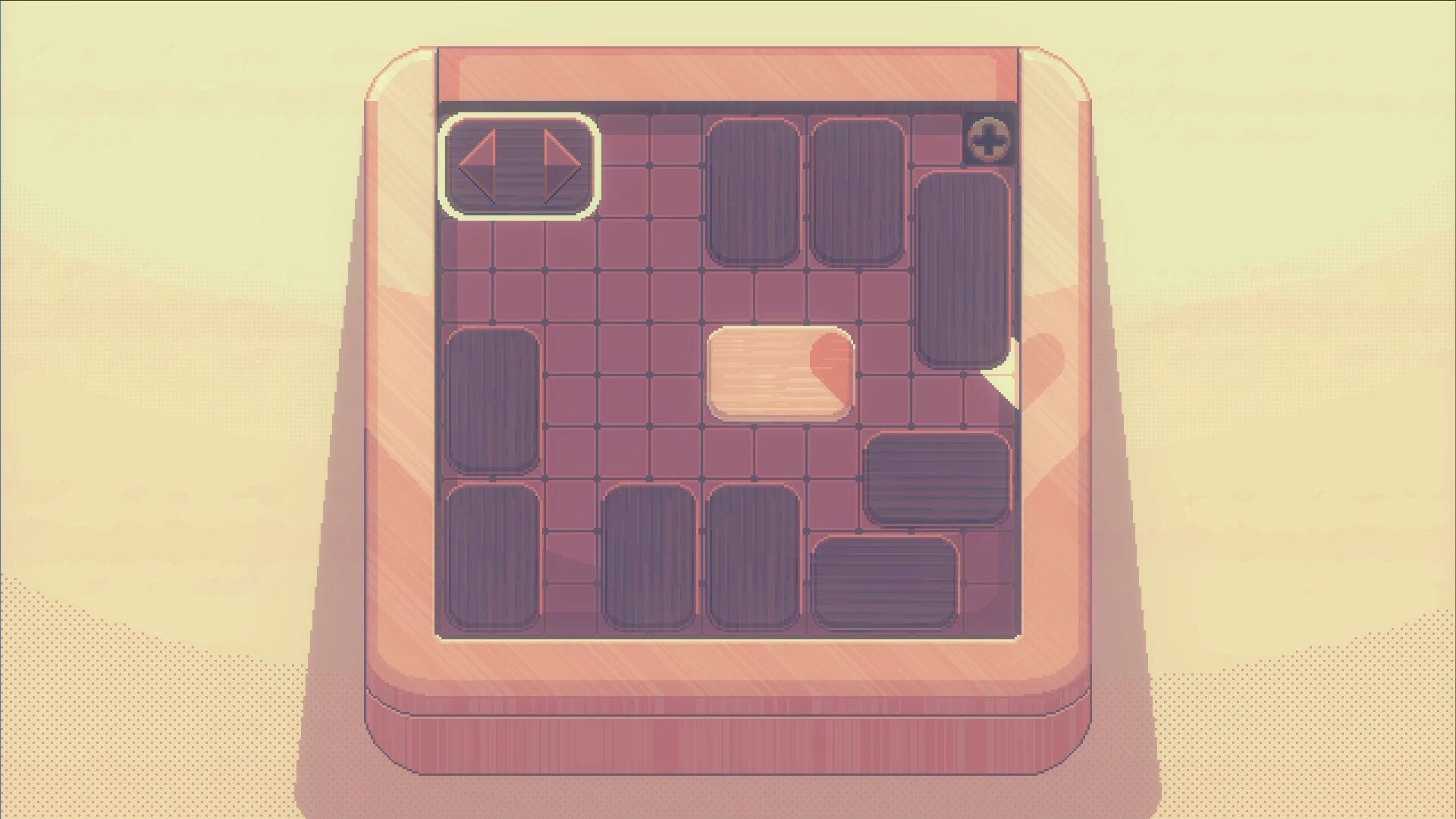 Beloved Bound: Puzzle grid with movable blocks on a wooden board, featuring directional controls.