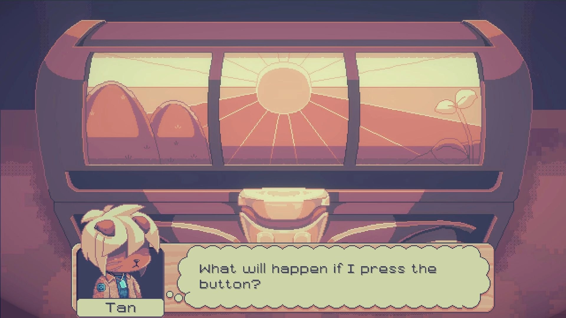 Beloved Bound: Tan pondering a button in futuristic room with sunset view through large windows