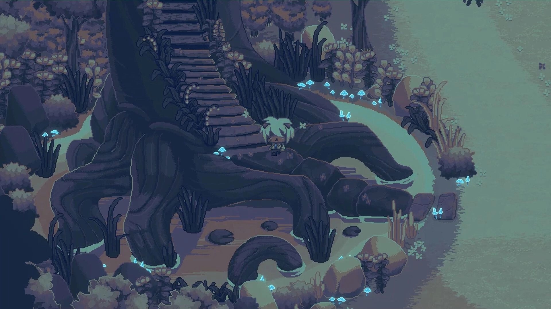 Beloved Bound: Young boy stands on ancient tree roots surrounded by glowing plants in a mystical forest