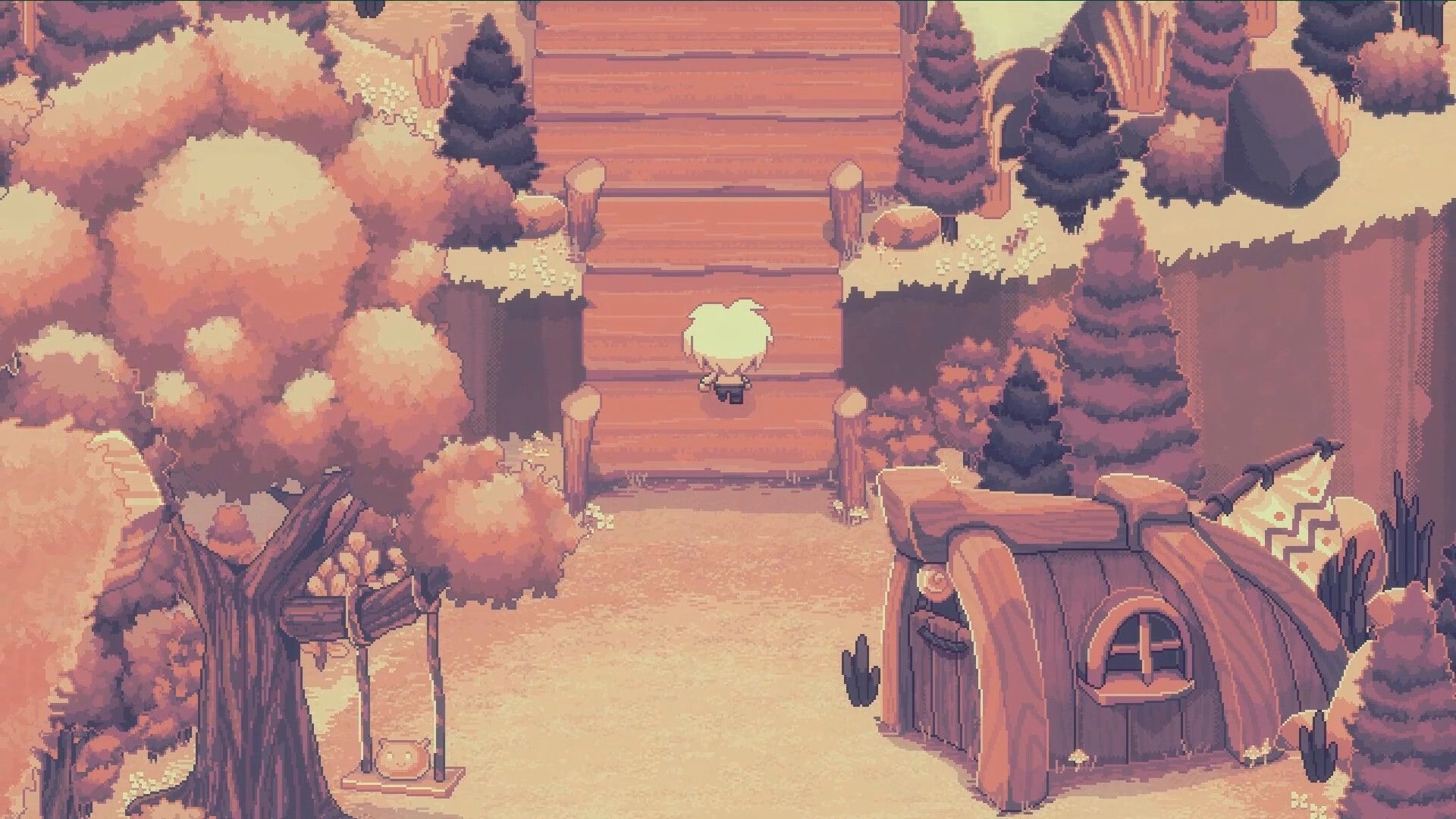 Beloved Bound: Boy stands before wooden steps in a serene, autumn-hued forest village setting.
