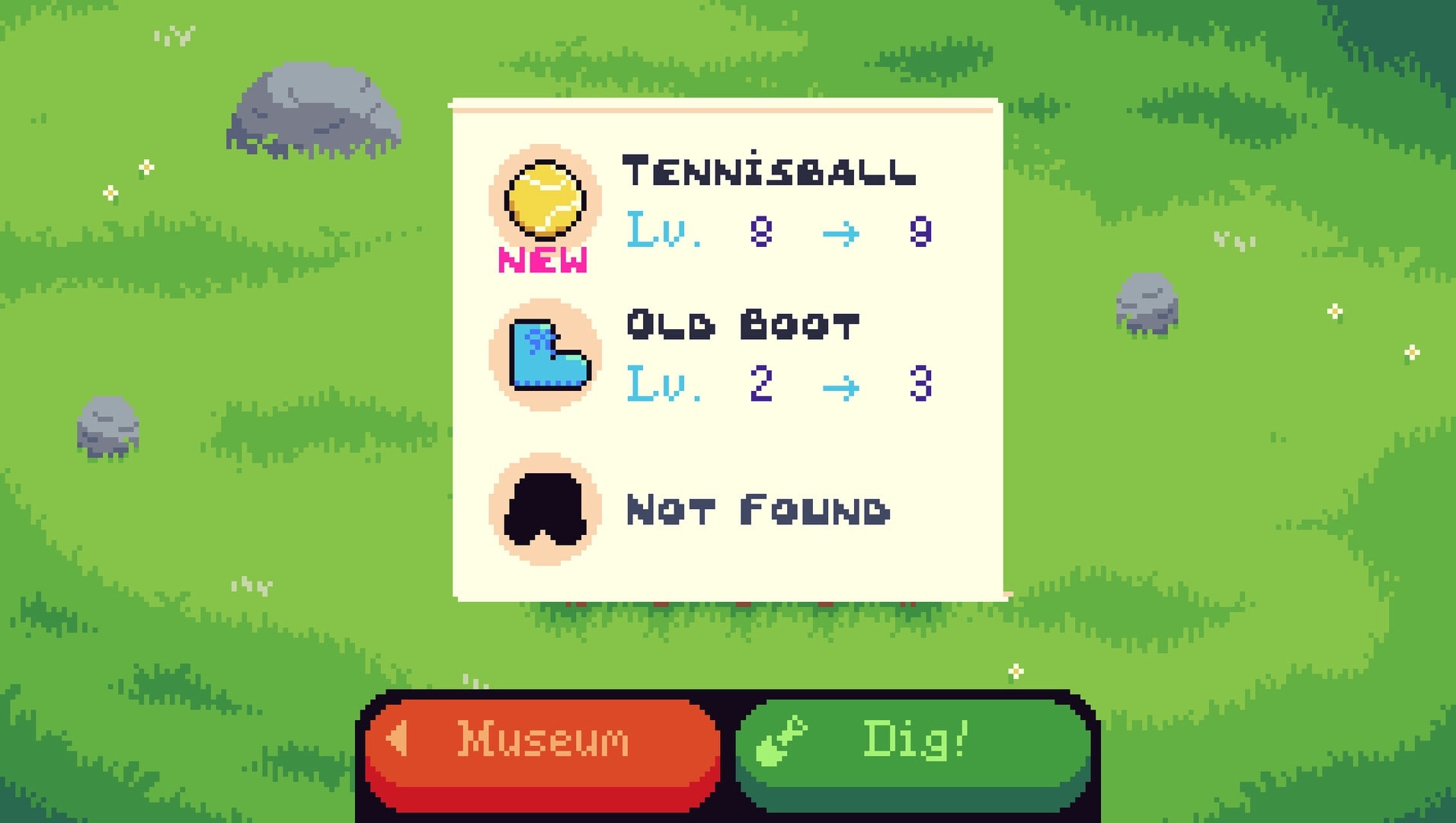 Big Dig: Loot list menu with tennisball and old boot level ups over grassy field and Dig button UI.