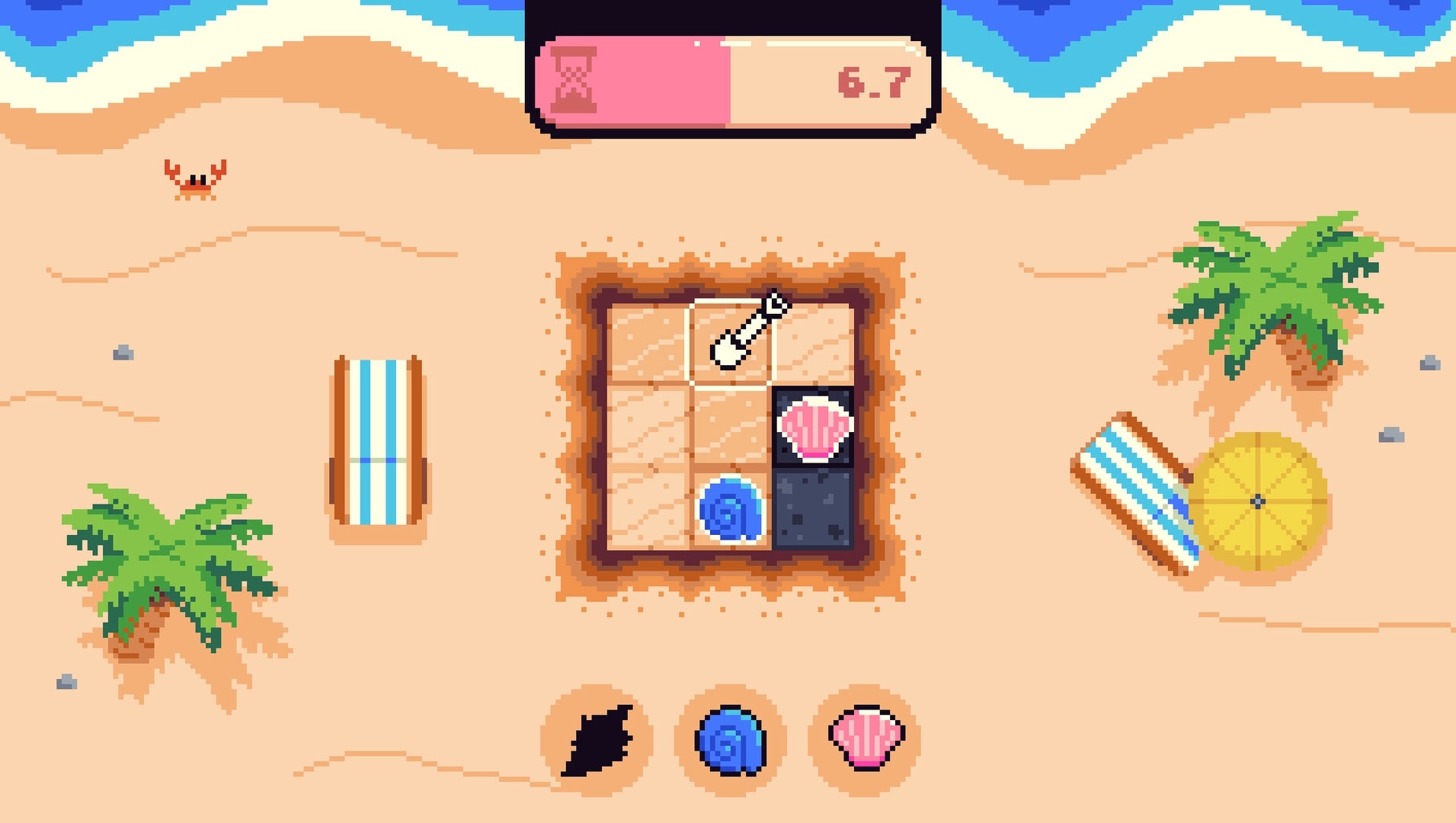 Big Dig: Shovel digs a 3x3 sand grid revealing shells and rocks on a sunny beach UI screen.