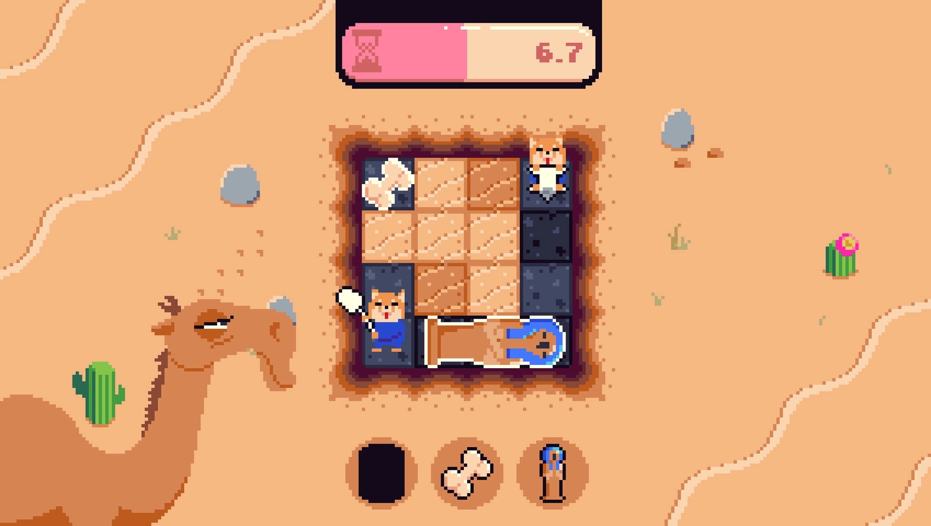 Big Dig: Two animal workers dig a tile grid for artifacts with timer bar in sandy desert scene.