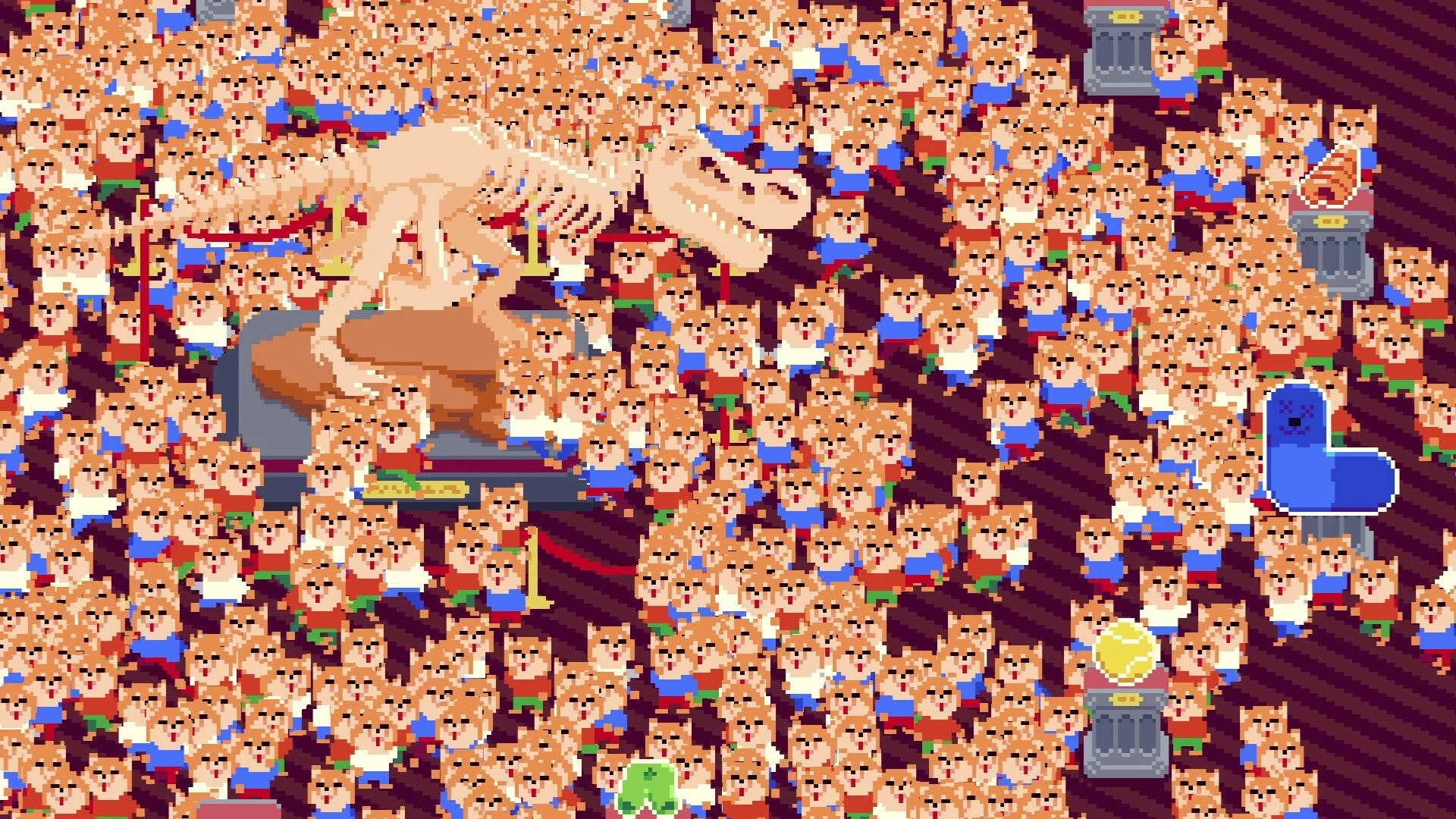 Big Dig: Giant dinosaur skeleton exhibit surrounded by cheering dog crowd in a packed pixel museum hall.