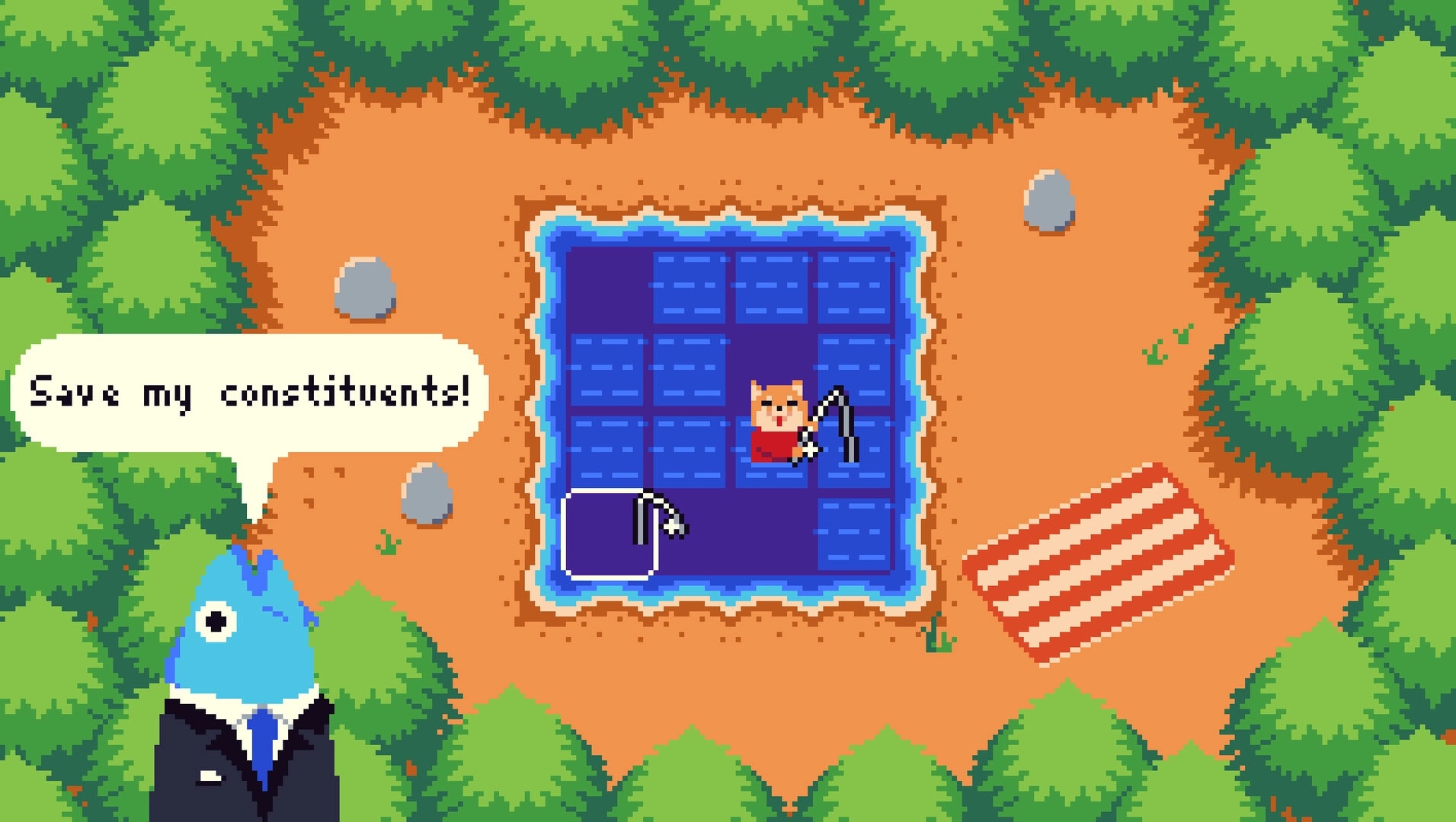 Big Dig: Dog mayor pleads in dialogue while a cat digs tiles in a forest clearing excavation pit.