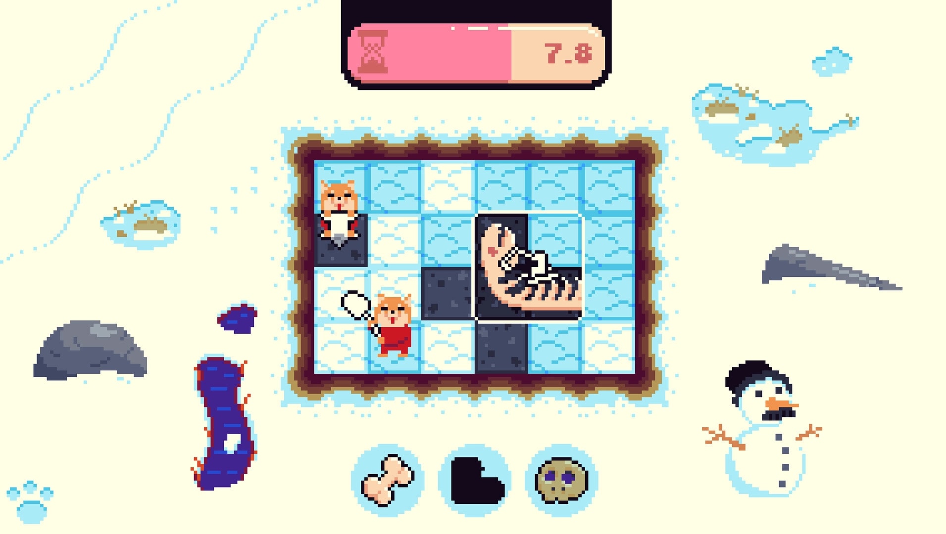 Big Dig: Digging grid with two animal workers uncovering a fossil, snowy yard UI with timer and icons.