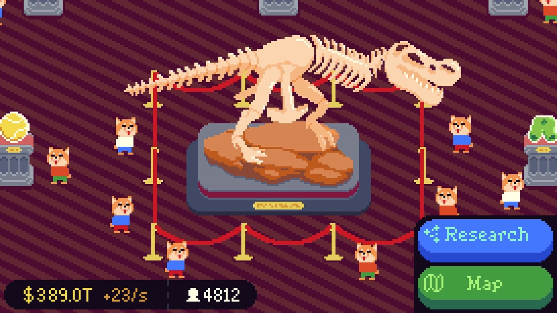 Big Dig: Museum exhibit with giant skeleton on pedestal, visitors around, Research and Map buttons UI.