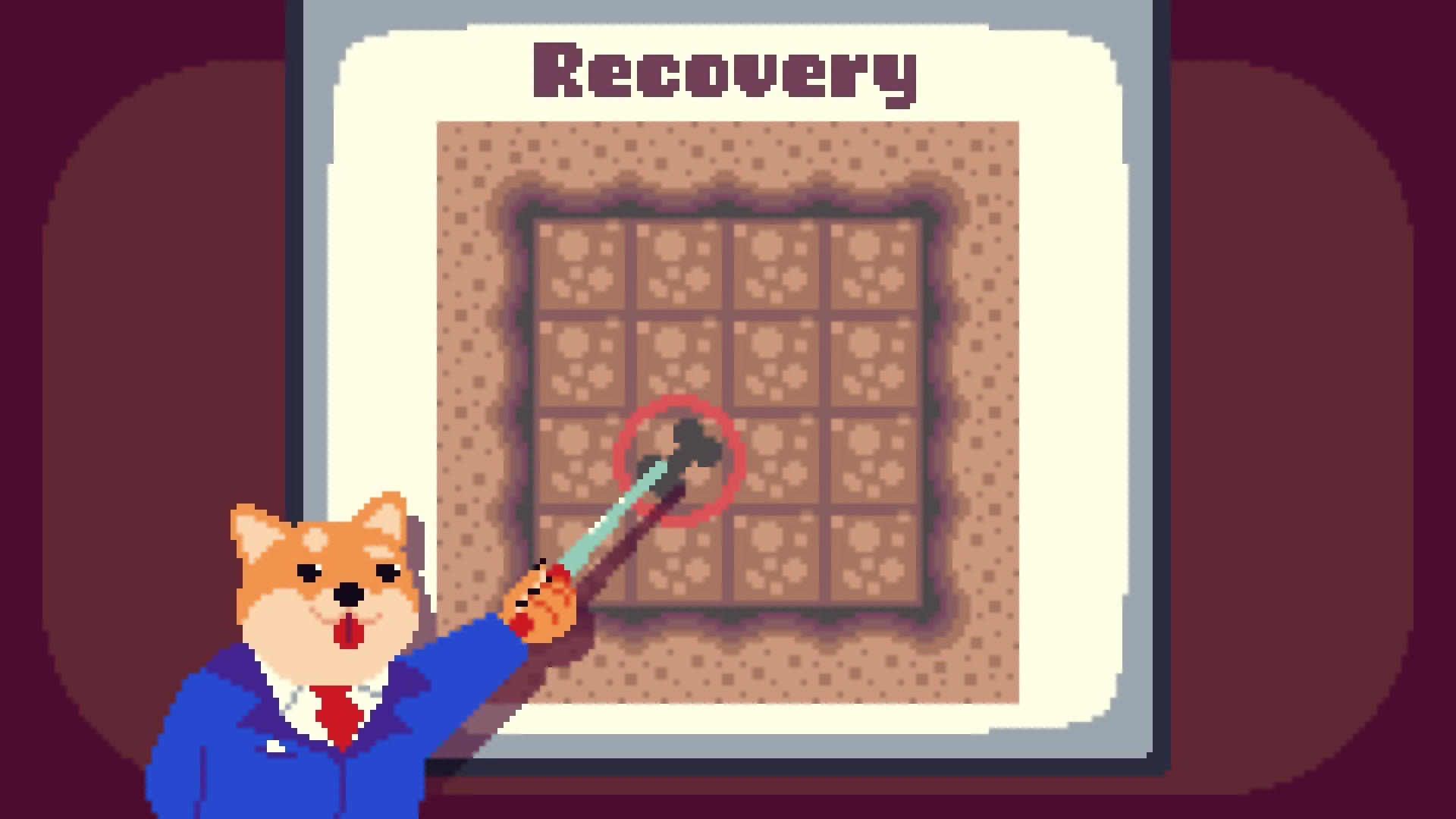 Big Dig: Recovery minigame grid of dirt tiles with shovel cursor, Mayor Dog presenting on a board.