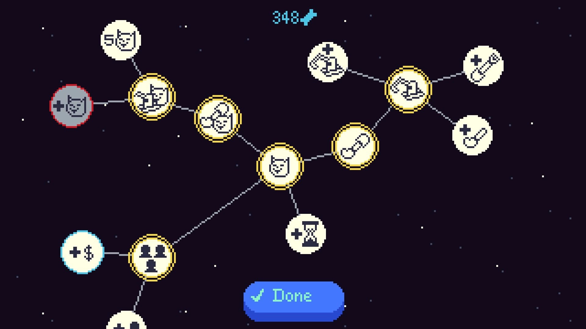 Big Dig: Skill tree upgrade map with linked circular icons and a Done button on starry backdrop.